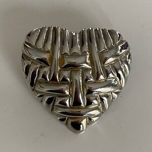Vintage Heart Brooch silver chrome basket weave pattern Valentine pin or pendant